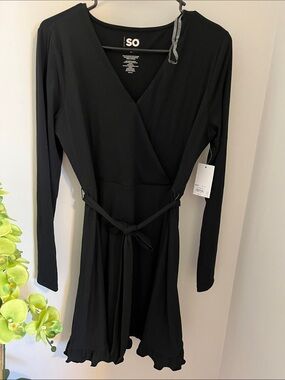 SO Black Long-Sleeve Wrap Mini Dress with Tie Waist